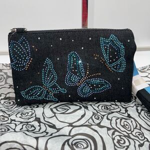 Brighton Black Denim Crossbody Bag with Blue Butterfly Design NIP
